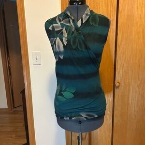 CAbi Teal and Black Patterned Wrap Top